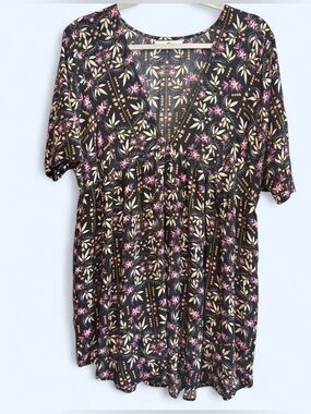 Natural Life floral v-neck babydoll dress, black with pink and green accents